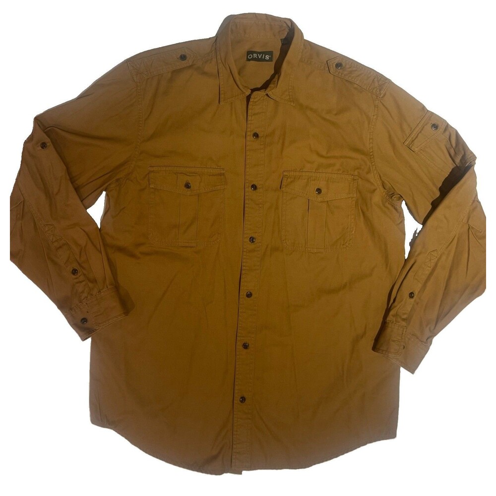 Orvis Mens LTall Khaki Tan Safari Field Shirt Cotton Long Sleeve Utility Pocket
